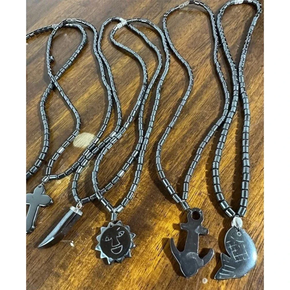 6Pc Hematite Stone Pendant Necklace Lot Fish Cross Anchor Horn Sun Heart